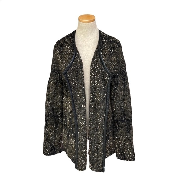 Eileen Fisher Sweater Cardigan Brown Leather Trim Gold Mohair Size Large - Picture 1 of 12